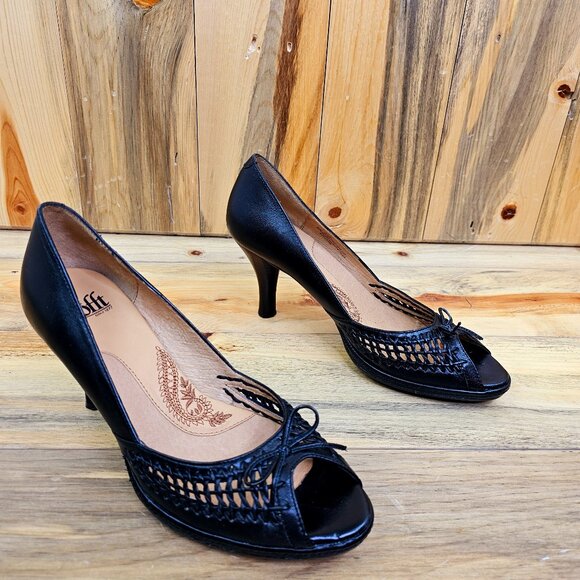 Sofft Shoes - Sofft | Gillen Black Woven Leather Peep Toe Heels Size 9N